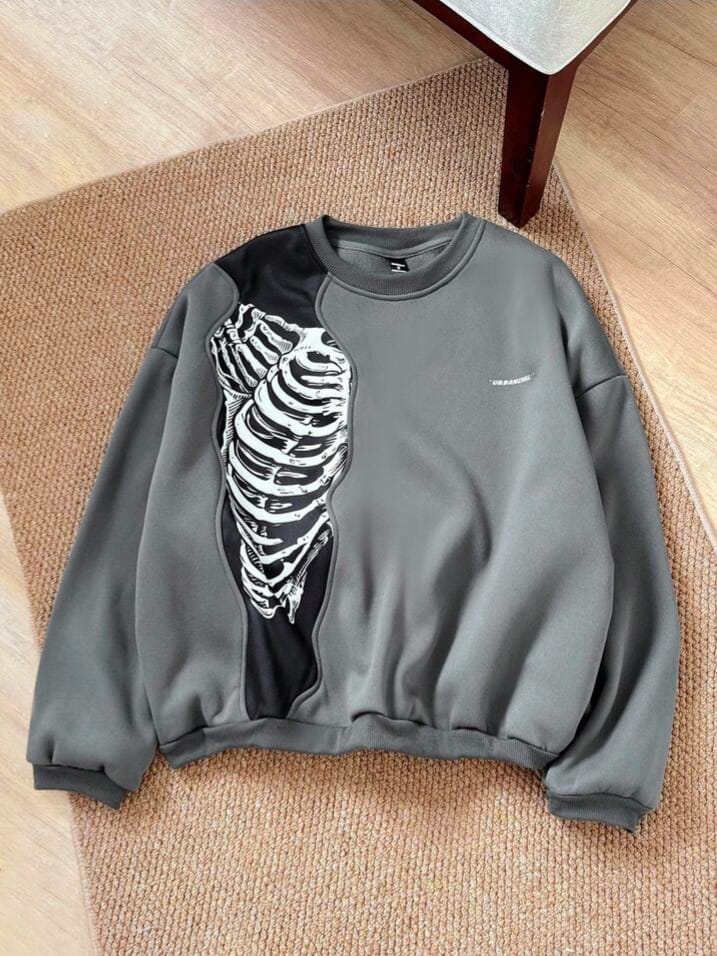 CRAZZY-MONKEY Men's Knit Casual Skeleton Patchwork Sweatshirt